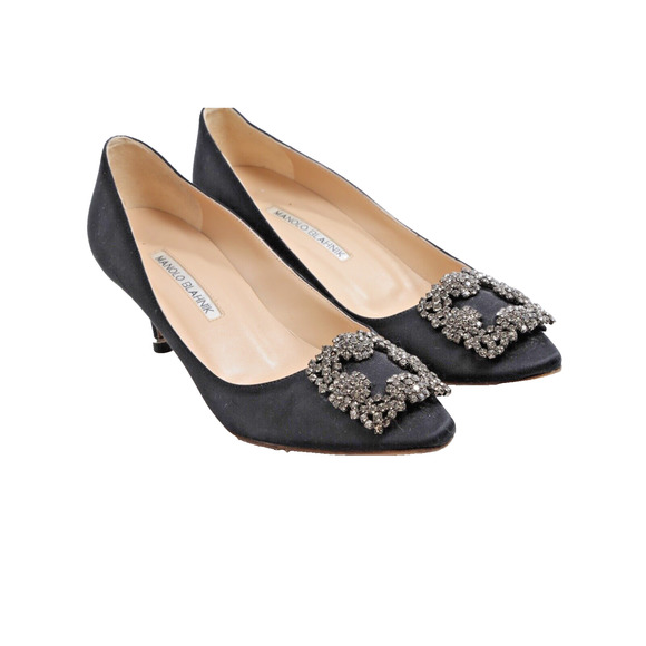 Manolo Blahnik Shoes - Manolo Blahnik Black Satin Hangisi Jewel Buckle Pointed Toe Pumps Size 38